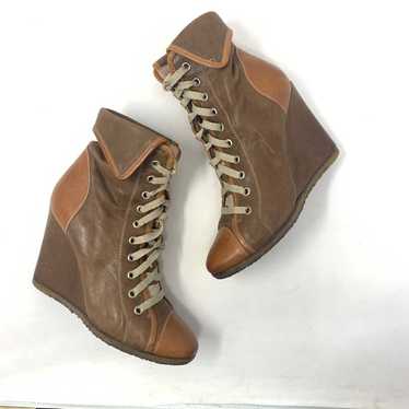 Chloé Camel Hazelnut Brown Leather Lace-Up Wedge … - image 1