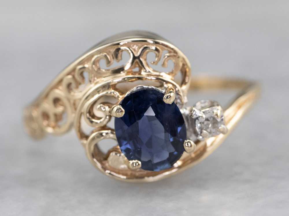 Asymmetrical Sapphire Diamond Gold Filigree Ring - image 1