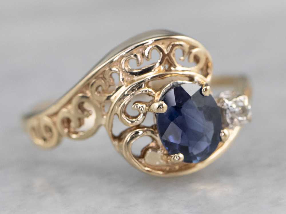Asymmetrical Sapphire Diamond Gold Filigree Ring - image 2
