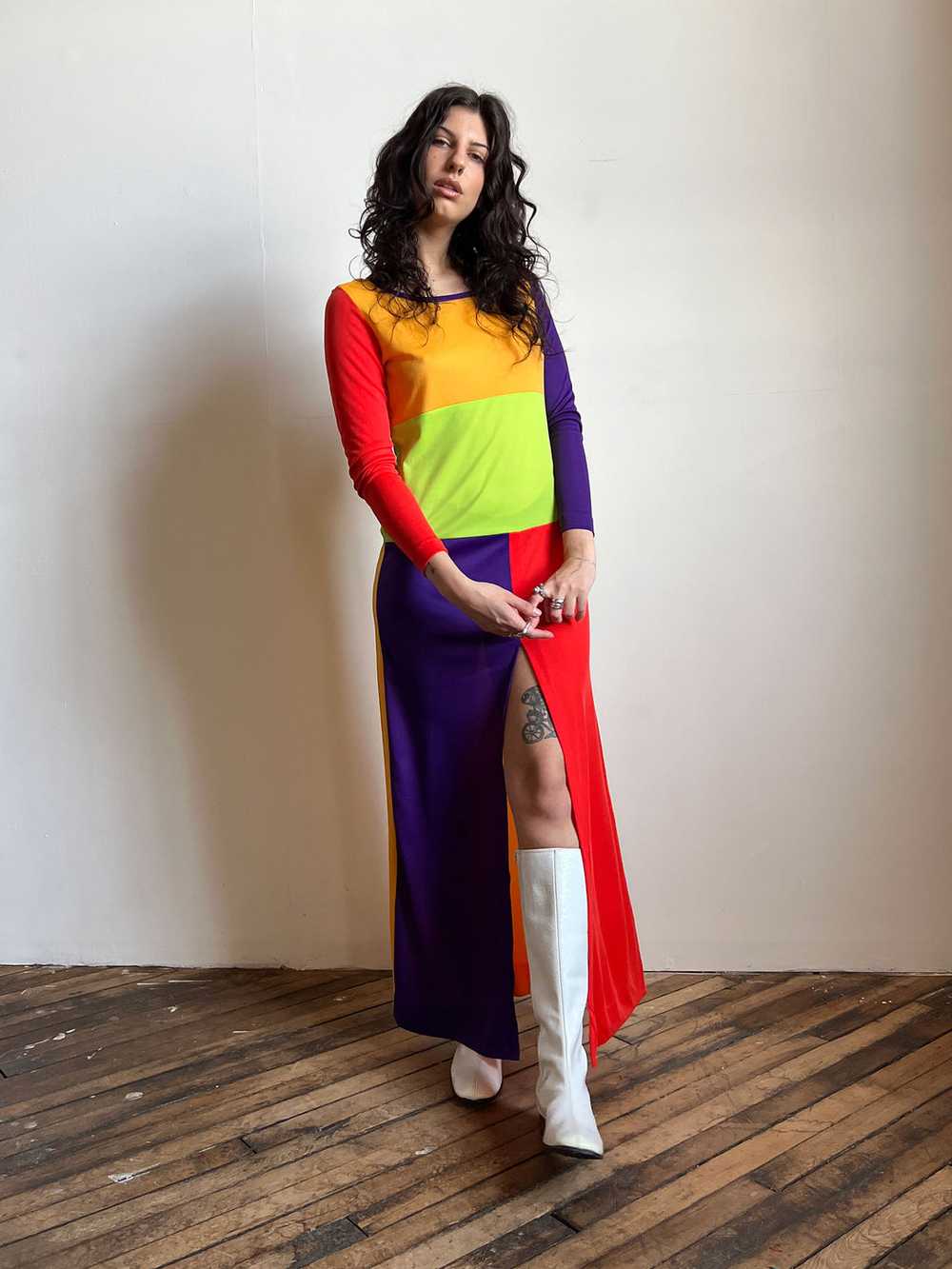 Vintage 1970's Long Sleeved Color Block Dress, Wo… - image 1