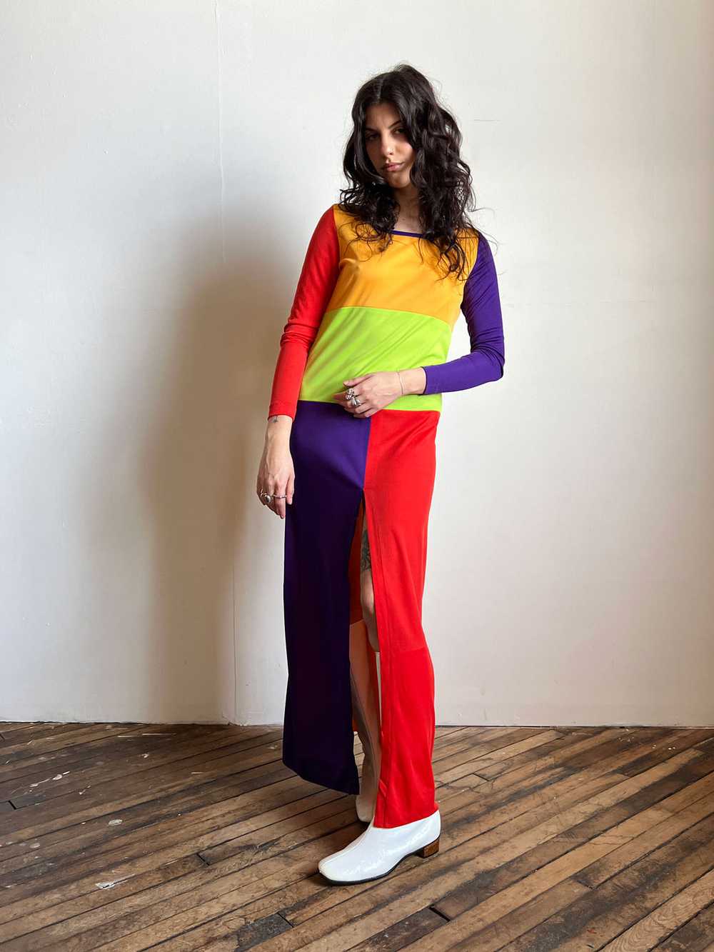 Vintage 1970's Long Sleeved Color Block Dress, Wo… - image 2