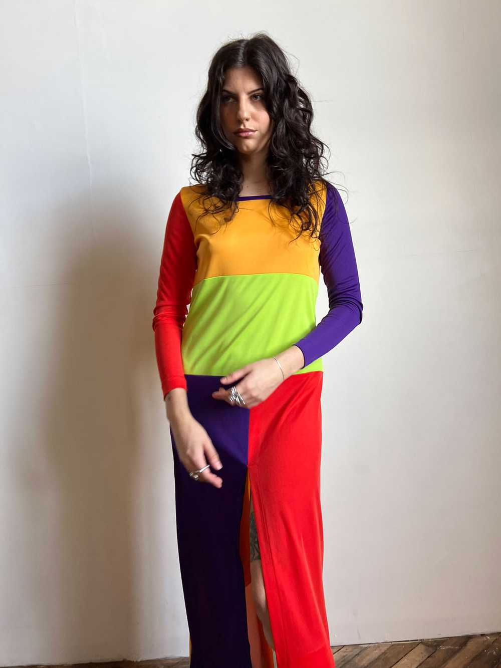 Vintage 1970's Long Sleeved Color Block Dress, Wo… - image 3