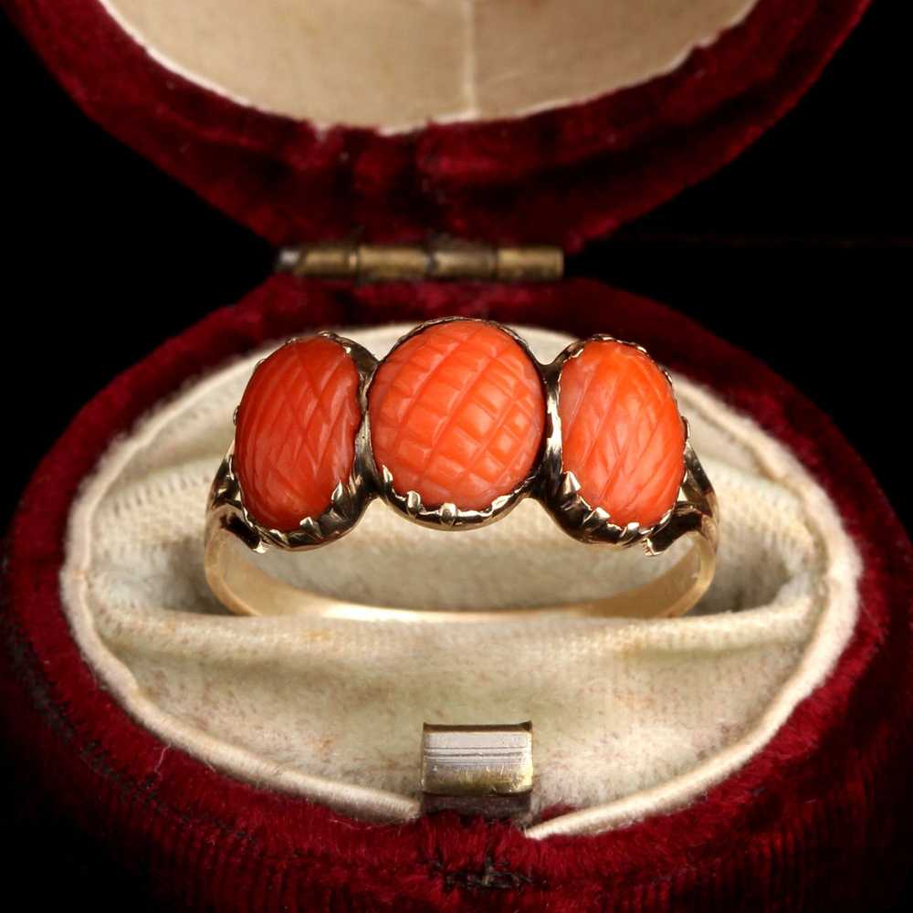 Georgian Pineapple Carved Coral Three Stone Ring - image 1