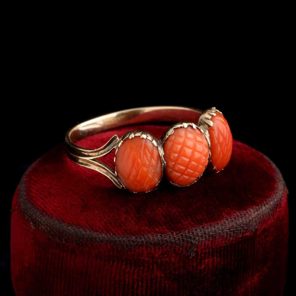 Georgian Pineapple Carved Coral Three Stone Ring - image 2