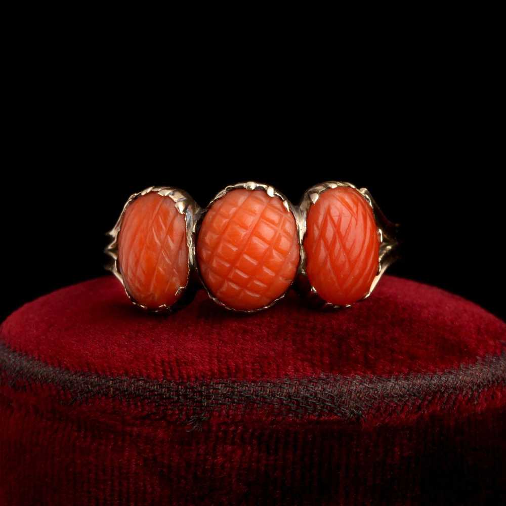 Georgian Pineapple Carved Coral Three Stone Ring - image 3