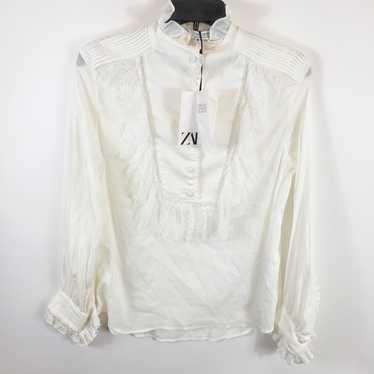 Zara Women White Ruffle Lace Button Up Shirt XS N… - image 1