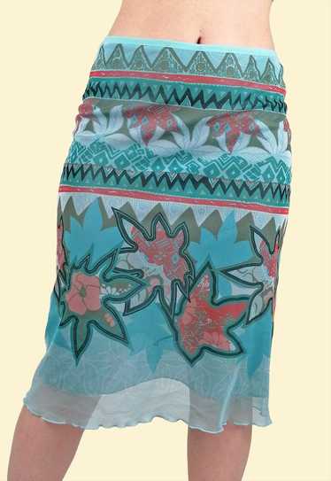 Y2K Skirt Flowers Print Lettuce Hem Mesh Skirt Pa… - image 1