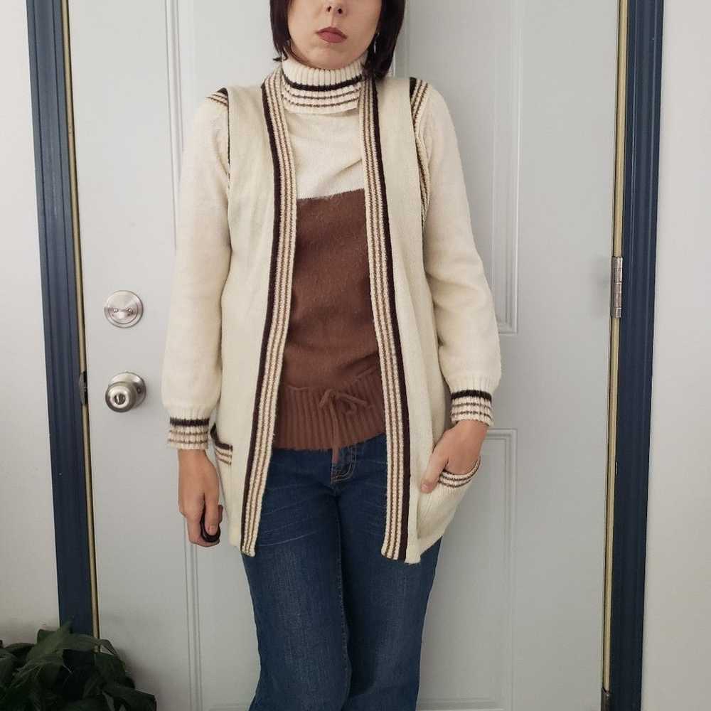 70s Cream and Brown Turtleneck Sweater and Vest S… - image 1