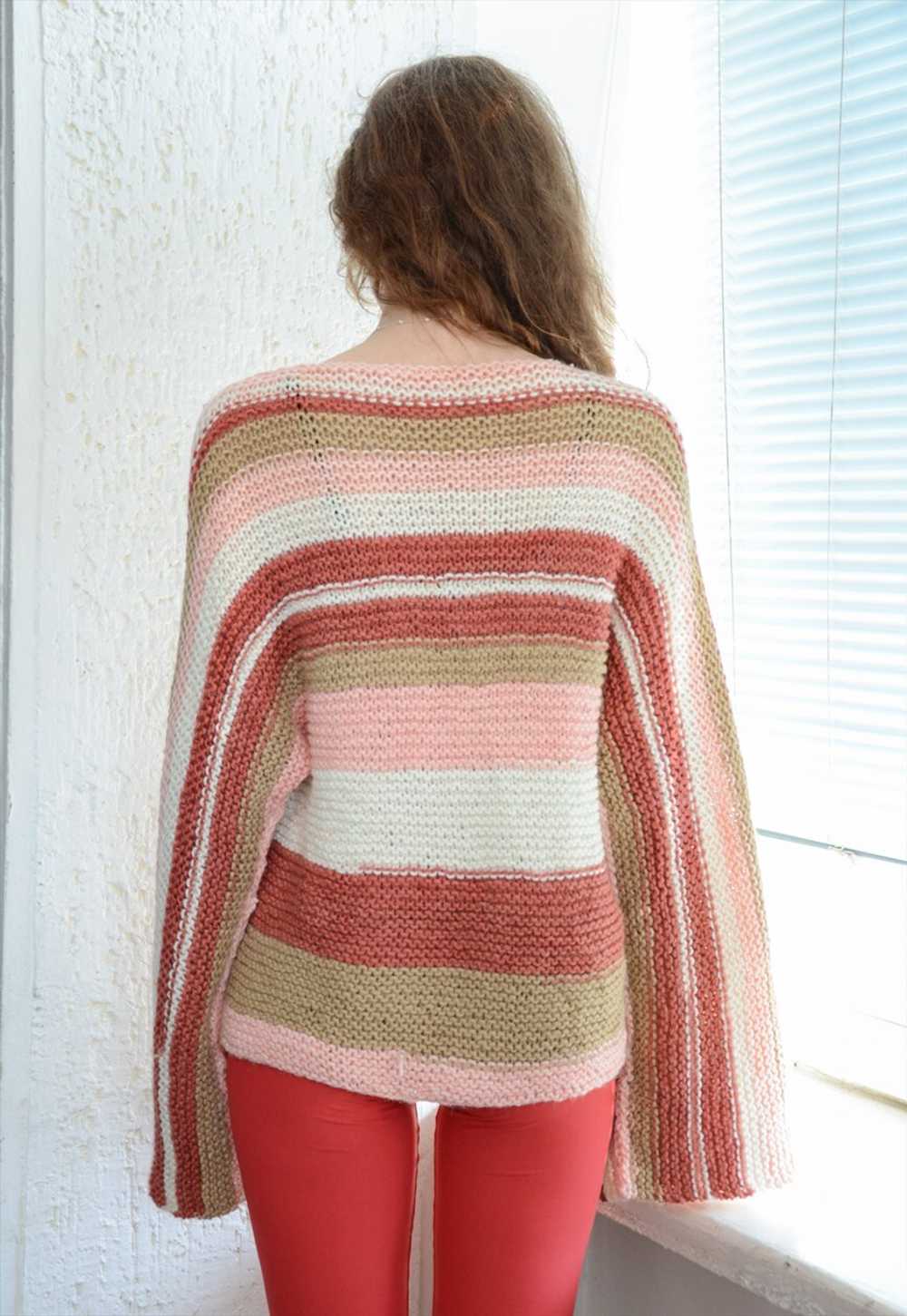 Vintage Multicolour Hand Knitted Flare Sleeves Sw… - image 3