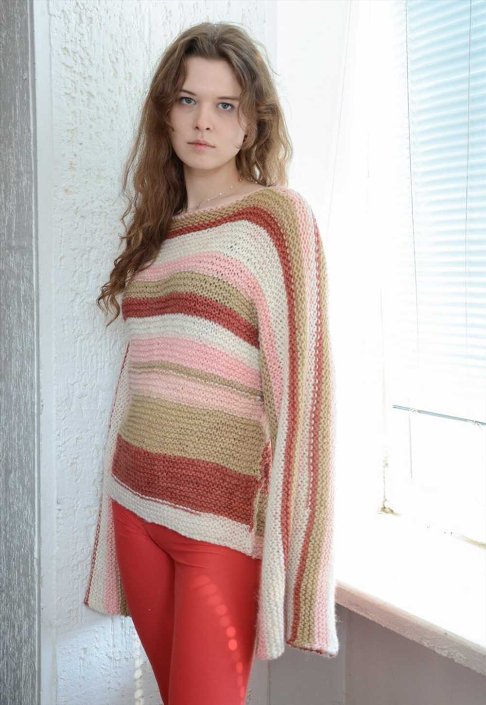 Vintage Multicolour Hand Knitted Flare Sleeves Sw… - image 4