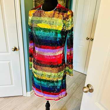 Mac Duggal Rainbow Striped Cocktail Dress NWOT Siz