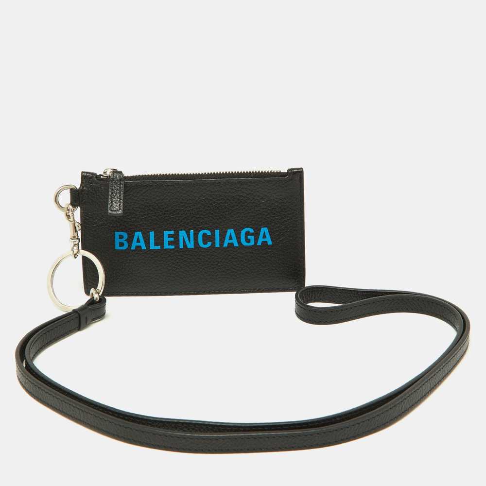 BALENCIAGA Black/Blue Leather Zip Card Holder wit… - image 1