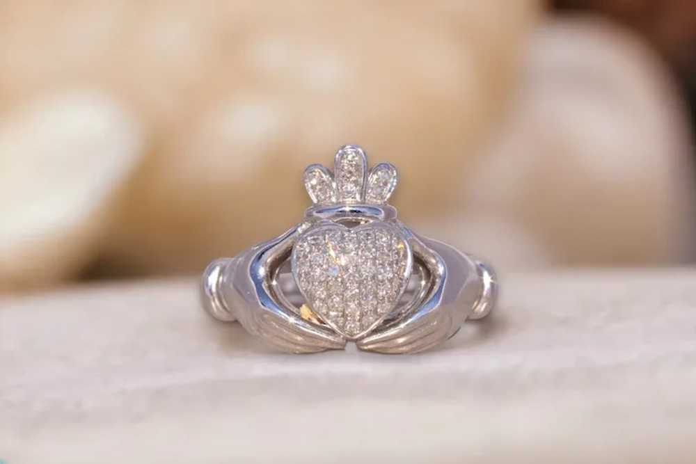 Natural Diamond Claddagh Ring in White Gold - image 11