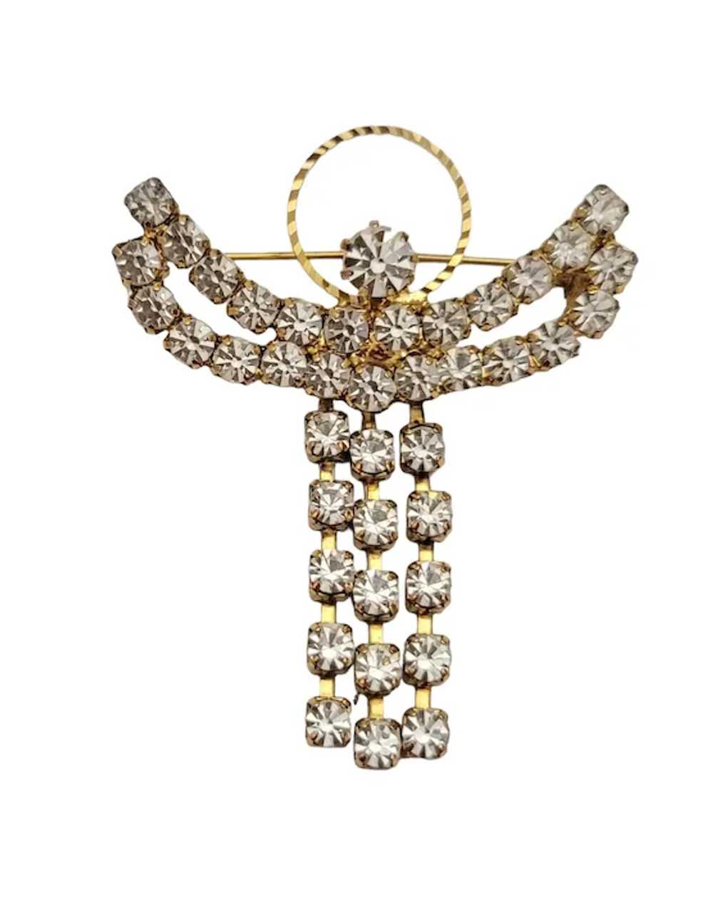 Gold Tone Articulated Clear Rhinestone Angel Broo… - image 9