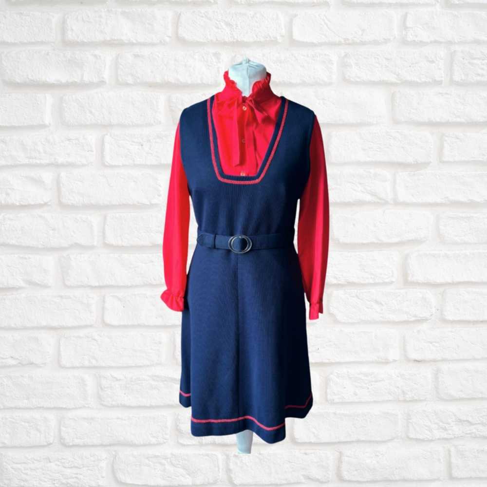 60s navy blue pinafore dress with red brocade tri… - image 1
