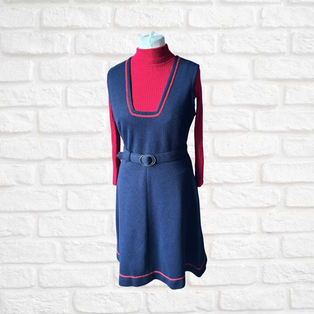 60s navy blue pinafore dress with red brocade tri… - image 2