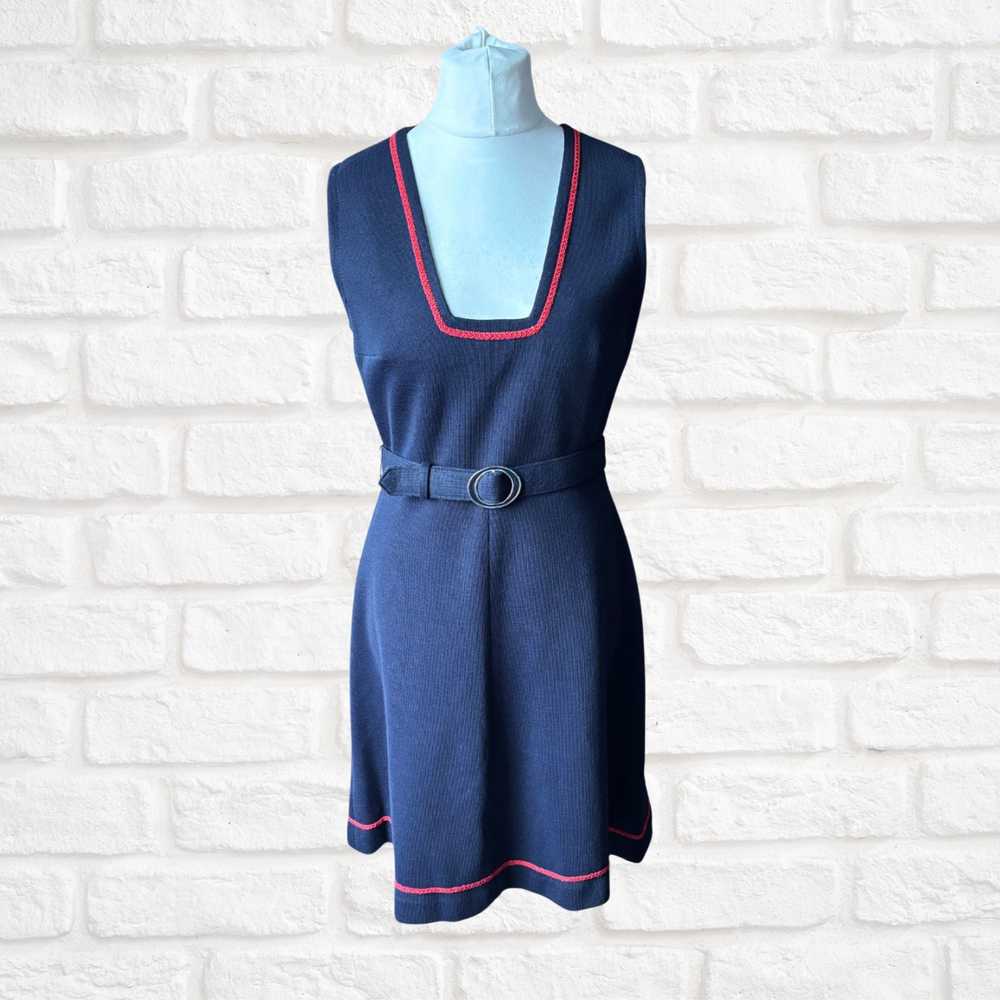 60s navy blue pinafore dress with red brocade tri… - image 3
