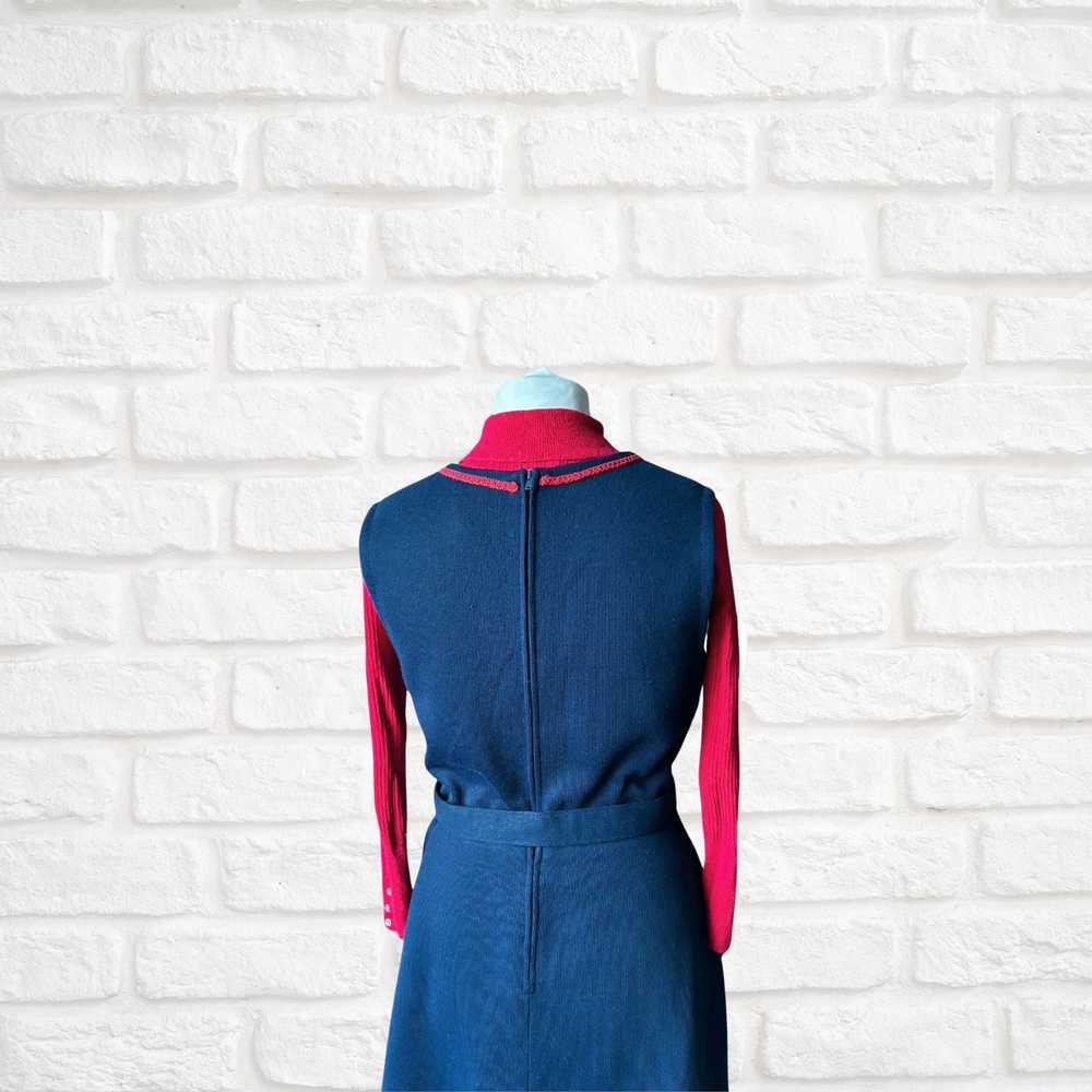 60s navy blue pinafore dress with red brocade tri… - image 7