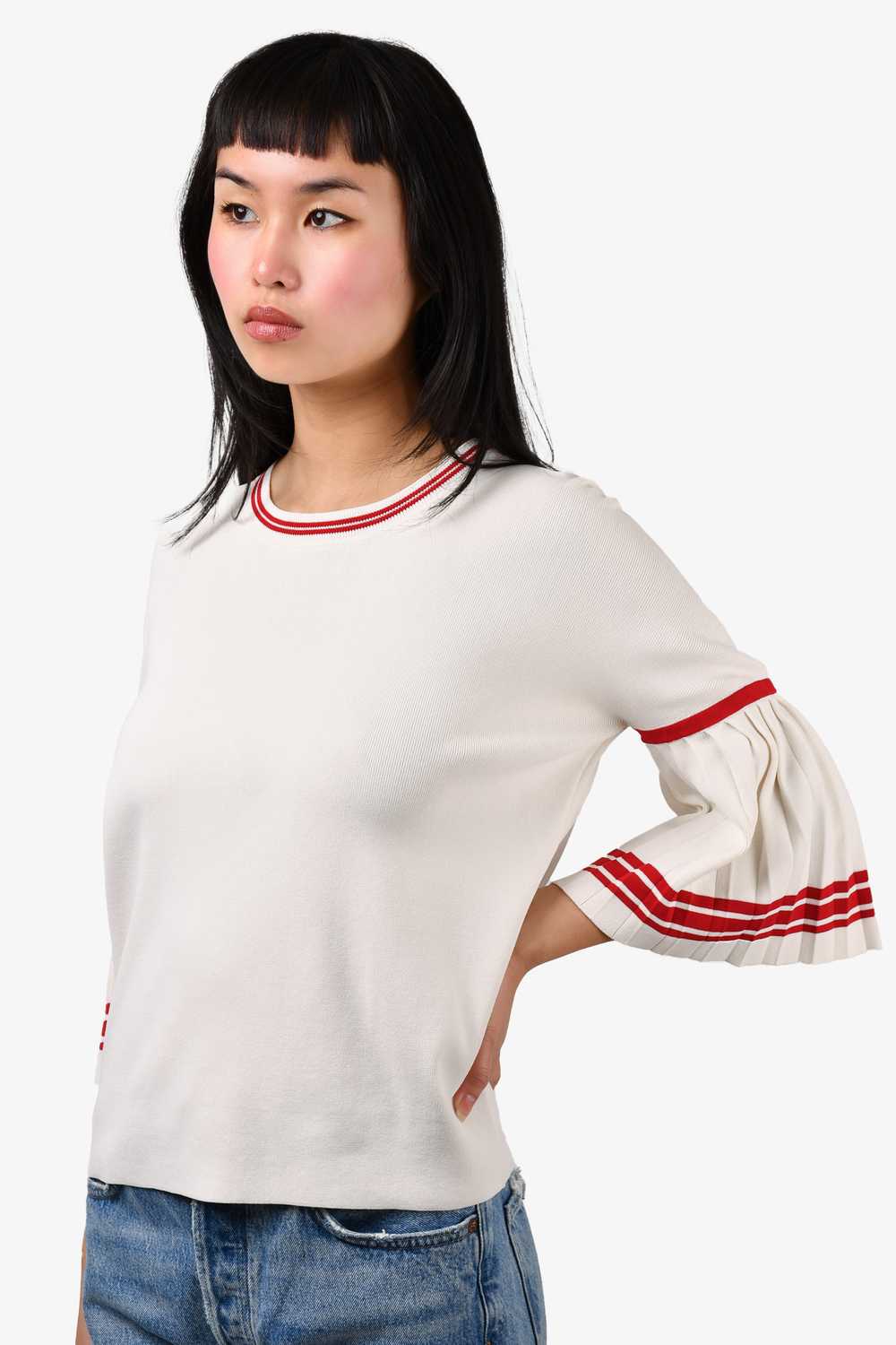 Maje White and Red Knit Pleated Sleeve Top Size 1 - image 2