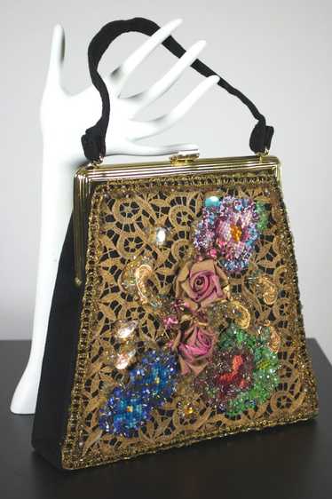 Veldoré 1960s handbag gold lace roses black wool v