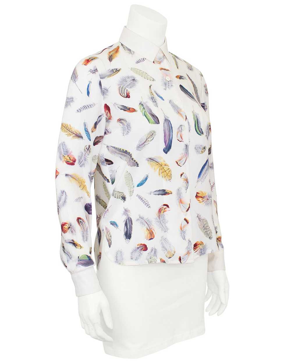 Hermes White Silk Blouse with Feather Print - image 1