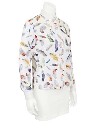 Hermes White Silk Blouse with Feather Print