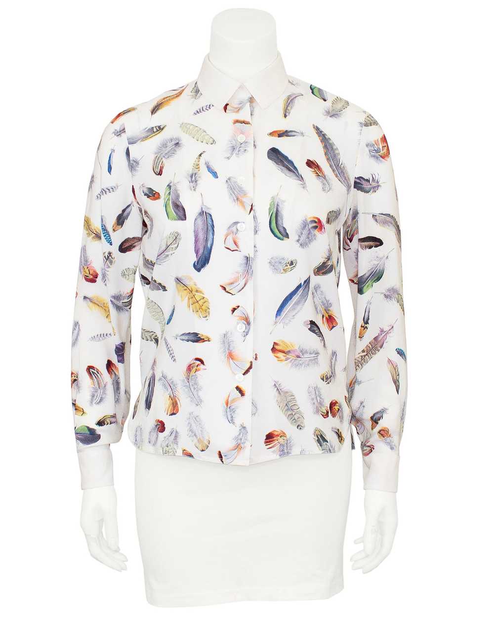 Hermes White Silk Blouse with Feather Print - image 3