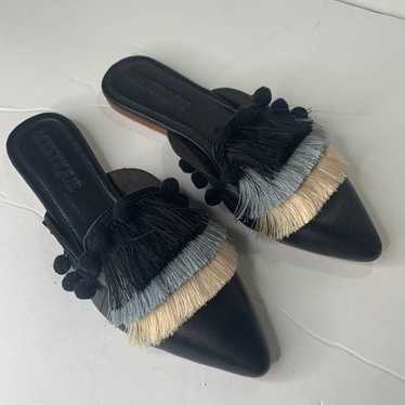 Mystique black fringed Pom Pom pointed toe flats N