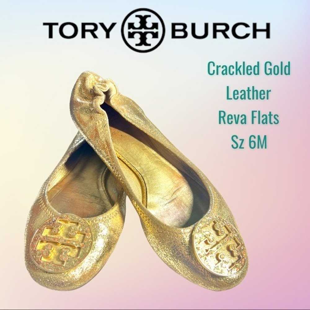Tory Burch Gold Crackled Leather Reva Flats Sz 6M - image 1