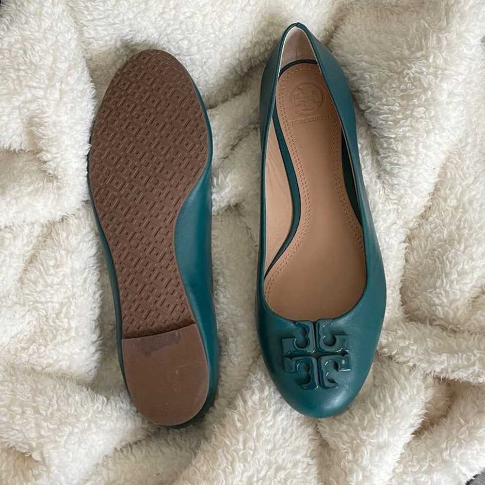 Tory Burch Teal Smooth Leather Logo Flats - image 4