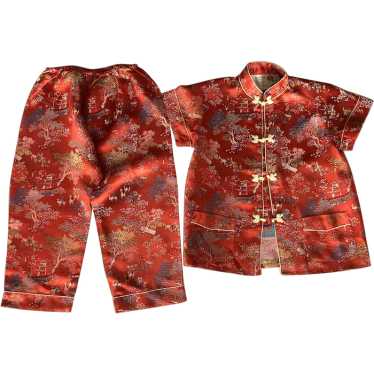 Children's Vintage Chinese Red Silk Or Rayon Broc… - image 1