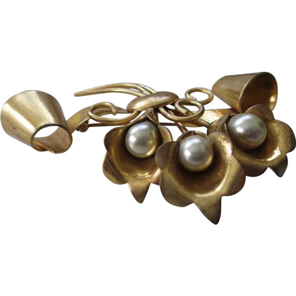 Vermeil Lilly of Valley Faux Pearl Brooch - image 1