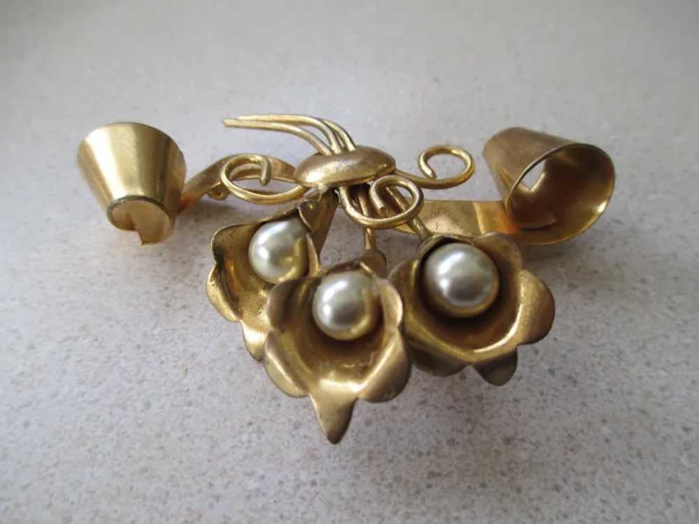 Vermeil Lilly of Valley Faux Pearl Brooch - image 7