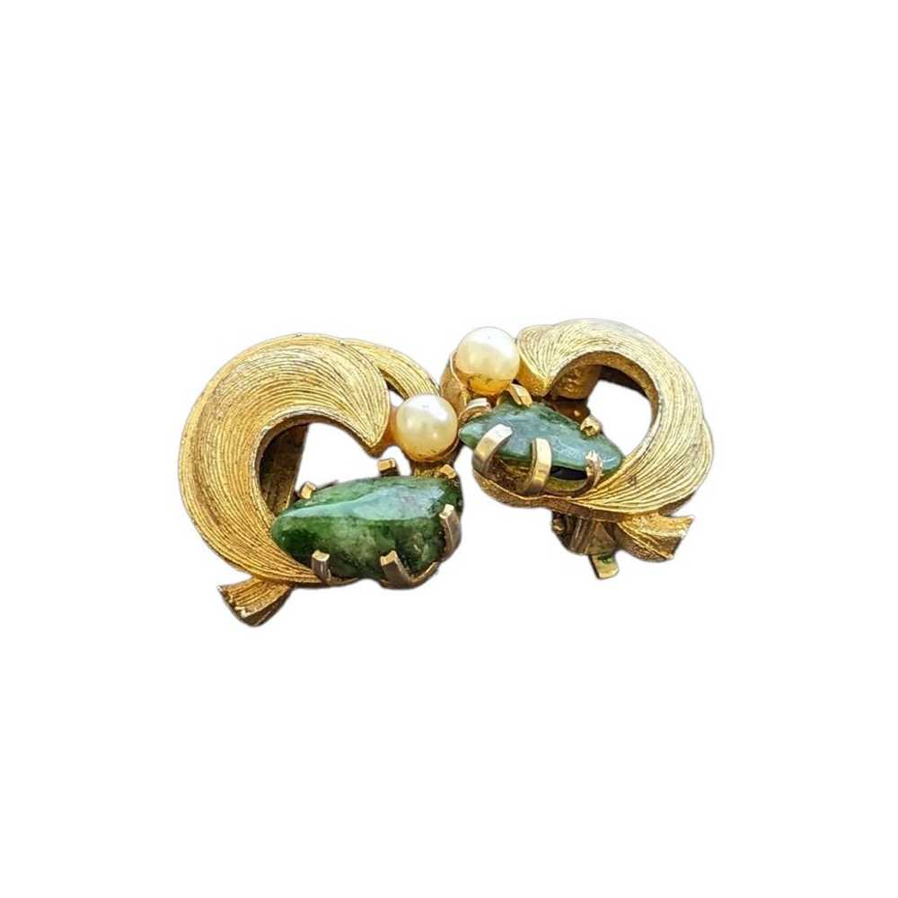Vintage 50's Jade Clip On Earrings Gold Plated Fa… - image 1