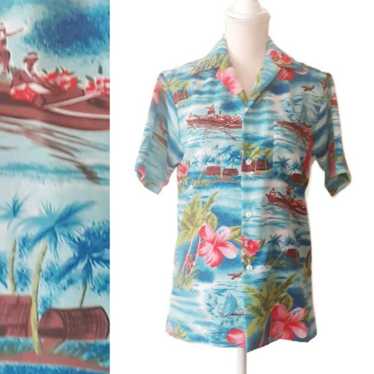 Vintage Hilo Hattie Blue Seaside Print Hawaiian S… - image 1