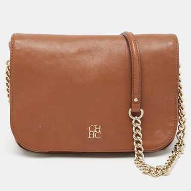 CH CAROLINA HERRERA Brown Monogram Leather Flap S… - image 1